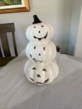 White Ceramic Stacked Jack-O'-Lantern Holiday Accent by
